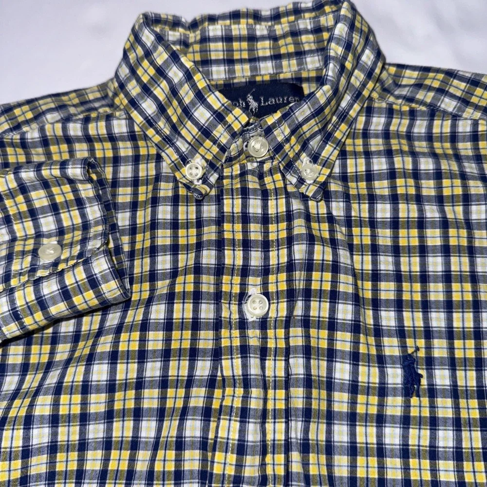 Ralph Lauren Boys' Yellow And Blue Plaid 100% Cotton Button Down‎ Shirt Size 7